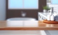 Wooden table on blurred background of bathroom window and shelves, generative AI Royalty Free Stock Photo