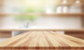 Wooden table on blurred background of bathroom window and shelves, generative AI Royalty Free Stock Photo