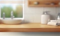 Wooden table on blurred background of bathroom window and shelves, generative AI Royalty Free Stock Photo