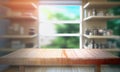 Wooden table on blurred background of bathroom window and shelves, generative AI Royalty Free Stock Photo