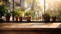 Wooden table on blurred background of kitchen window and shelves. Wooden board table generative ai Royalty Free Stock Photo