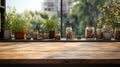 Wooden table on blurred background of kitchen window and shelves. Wooden board table generative ai Royalty Free Stock Photo
