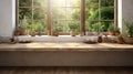 Wooden table on blurred background of kitchen window and shelves. Wooden board table generative ai Royalty Free Stock Photo