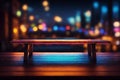 Wooden table, blurred bokeh background background. Neon light, night view, close-up. The general background of the interior, a dar Royalty Free Stock Photo