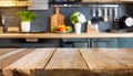 Wooden table on blurred kitchen bench background.
