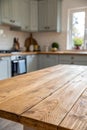 Wooden table on blurred kitchen bench background. Empty wooden table and blurred kitchen background Royalty Free Stock Photo