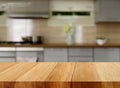 Wooden table on blurred kitchen bench background stage brown Royalty Free Stock Photo