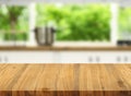 Wooden table on blurred kitchen bench background stage brown Royalty Free Stock Photo