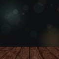 Wooden table and blurred night life square background with bokeh effect have blank space