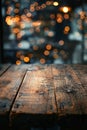 A wooden table with a blurry background and a few lights in the background. Generative AI Royalty Free Stock Photo