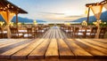 wooden table with blurry wedding location in background . ai generated Royalty Free Stock Photo