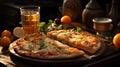 On a wooden table on a board lies a juicy, ripe, tasty pizza, cut into two halves. Delicious nutritious food