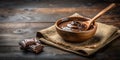 Wooden table with a bowl of melted chocolate and pieces of dark chcoclate. Isolated. Dark background. Copy space. AI Royalty Free Stock Photo