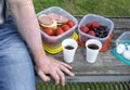 On a wooden table in a box are tomatoes and sandwiches with sausage. Royalty Free Stock Photo