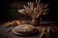 Wooden table with bread from a bakery. A variety of bread with a sheaf of wheat ears