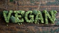 A wooden table with broccoli spelled out in the word vegan, AI