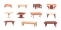 Wooden table. Cartoon interior and outdoor furniture. Antique and modern dinner desk templates. Isolated home woodwork