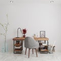 Wooden table chair and decors in the office wall mockup