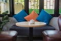 Wooden table and chair in restaurant