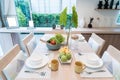 Wooden table and chair in vintage dinning room at home. Interior Royalty Free Stock Photo