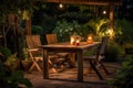 Wooden table chairs backyard. Generate Ai Royalty Free Stock Photo