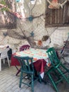 Wooden table and chairs of a local openair restaurant Royalty Free Stock Photo