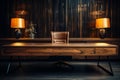 Wooden table and chairs in the office. Dark interior. 3d rendering. Laptop on a wooden desk in a dark room.