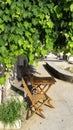 Wooden table and chairs under green leaves of the vine that is higher from home - Rose Village, Kotor Bay, Montenegro