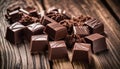 A wooden table with chocolate squares