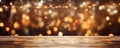 Wooden Table With Christmas Decor And Blurred String Lights Space For Text Royalty Free Stock Photo