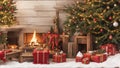 Wooden table with clear christmas tree and fireplace background