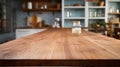 Wooden table in close-up to compose advertisements on it with a blurred background of a kitchen with shelves. Copy space for your Royalty Free Stock Photo