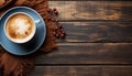 Wooden table with coffee cup, saucer, and frothy cappuccino generated by AI Royalty Free Stock Photo