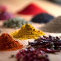 Wooden table of colorful spices