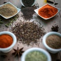 Wooden table of colorful spices