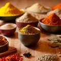 Wooden table of colorful spices