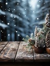Wooden table with cones in the snow. Winter background. Place for text. Copy Space. AI Generated Royalty Free Stock Photo