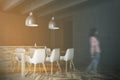 Wooden table and countertops gray kitchen blur Royalty Free Stock Photo