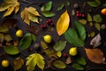 A wooden table covered with an assortment of colorful leaves and ripe fruits, creating a vibrant and bountiful display