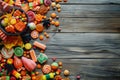 A wooden table covered with a wide variety of colorful and tempting candy, creating an indulgent and enticing display, Medley of Royalty Free Stock Photo