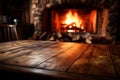 Wooden table by a cozy fireplace, inviting warmth and comfort