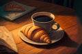 on a wooden table, a cup of espresso coffee and a croissant