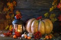 The wooden table decorated with vegetables, pumpkins and autumn leaves. Autumn background. Schastlivy von Thanksgiving Royalty Free Stock Photo