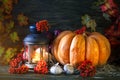 The wooden table decorated with vegetables, pumpkins and autumn leaves. Autumn background. Schastlivy von Thanksgiving