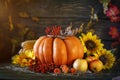 The wooden table decorated with vegetables, pumpkins and autumn leaves. Autumn background. Schastlivy von Thanksgiving