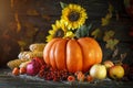 The wooden table decorated with vegetables, pumpkins and autumn leaves. Autumn background. Schastlivy von Thanksgiving