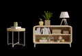 Wooden table and decoration objects isolated.