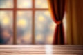 Wooden table on defocuced window with curtain Background ai generated