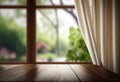 Wooden table on defocuced window with curtain background Royalty Free Stock Photo