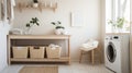 Wooden table with defocused washing machine and comprehensive range of laundry essentials